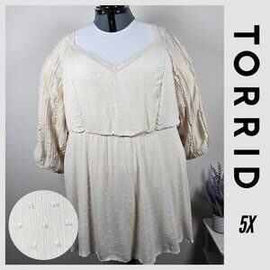 Torrid Ivory Boho Peasant Blouse With‎ Textured Polka Dots & Lace (EUC)